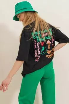 Женская черная футболка оверсайз из 100 % хлопка с круглым вырезом спереди и сзади с флоковым принтом ALC-X7982 Trend Alaat Stili, черный