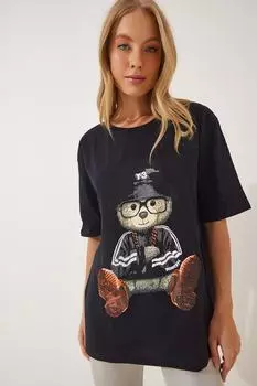 Женская черная футболка оверсайз из длинного чесаного хлопка с принтом Happiness stanbul, черный