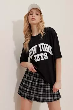 Женская черная футболка оверсайз с круглым вырезом и тиснением ALC-X9682 Trend Alaat Stili, черный