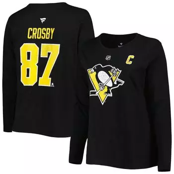 Женская черная футболка с длинным рукавом с именем и номером Sidney Crosby Pittsburgh Penguins размера плюс