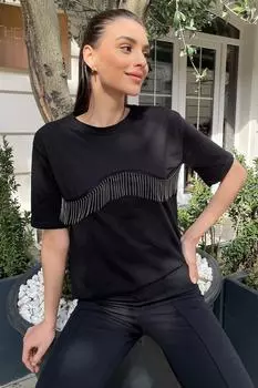 Женская черная футболка с коротким рукавом и круглым вырезом спереди, украшенная цепочкой ALC-X9989 Trend Alaat Stili, черный