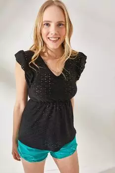 Женская черная гипюровая блузка с v-образным вырезом и эластичной резинкой на талии Olalook, черный