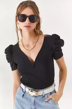 Женская черная хлопковая блузка с V-образным вырезом и рукавами принцессы Olalook, черный
