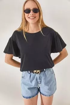 Женская черная хлопковая футболка с рюшами подмышками Olalook, черный