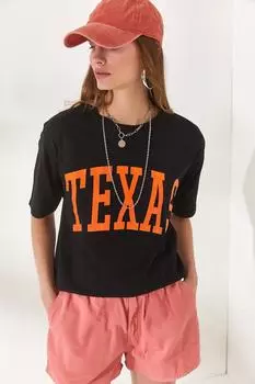 Женская черная хлопковая футболка с техасским принтом Olalook, черный