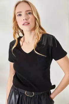 Женская черная хлопковая футболка с v-образным вырезом и карманами-цепочками Olalook, черный
