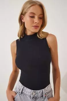 Женская черная хлопковая трикотажная блузка с водолазкой Happiness stanbul, черный