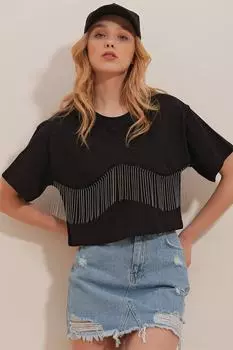 Женская черная хлопковая укороченная футболка с круглым вырезом и кисточками спереди Trend Alaat Stili, черный