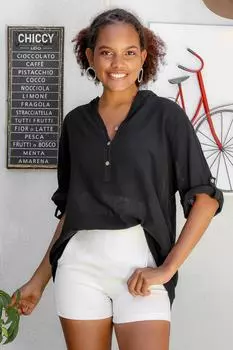 Женская черная итальянская повседневная льняная тканая блузка оверсайз с длинным рукавом и пуговицами Chiccy, черный