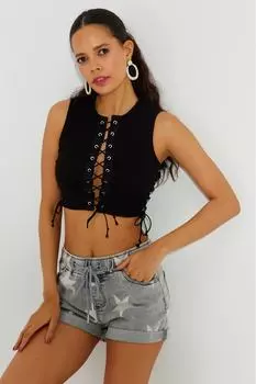 Женская черная короткая блузка с птичьим глазом B2527 Cool & Sexy, черный