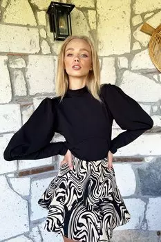 Женская черная креповая трикотажная блузка с высоким воротником и рукавами принцессы на талии Trend Alaat Stili, черный