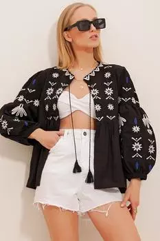 Женская черная куртка с объемными рукавами и вышивкой Trend Alaat Stili, черный