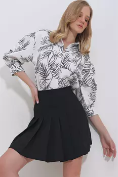 Женская черная льняная рубашка с объемными рукавами и потайной планкой с рисунком листьев Trend Alaat Stili, черный