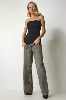 Женская черная многослойная тканая блузка без бретелек с воротником Happiness stanbul, черный