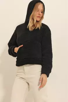 Женская черная плюшевая толстовка с капюшоном и карманом-кенгуру ALC-X11318 Trend Alaat Stili, черный