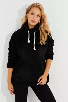 Женская черная плюшевая толстовка с карманом-кенгуру Q978 Cool & Sexy, черный