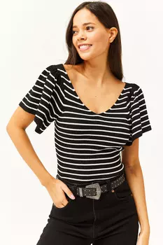 Женская черная полосатая трикотажная блузка с завязками на спине, V-образным вырезом и рукавами Olalook, черный