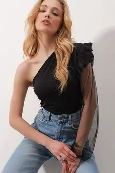 Женская черная прозрачная облегающая блузка из тюля с рюшами на плечах и заклепками по низу ALC-X9812 Trend Alaat Stili, черный