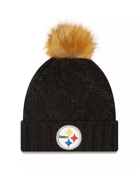 Женская черная роскошная вязаная шапка с манжетами и помпоном Pittsburgh Steelers New Era, черный