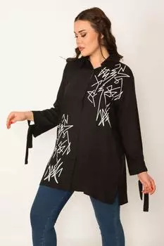 Женская черная рубашка большого размера с рисунком на пуговицах спереди ans, черный