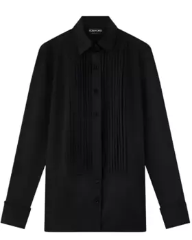 Женская черная рубашка из струящегося вискозного шелка Tom Ford с плиссированным пластроном