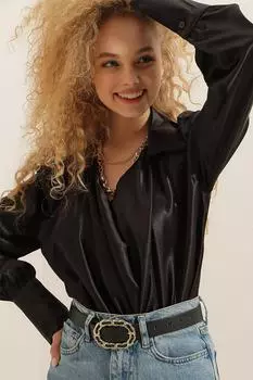Женская черная рубашка, кружевной передний воротник и кнопки внизу, атласная блузка Trend Alaat Stili, черный