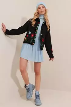 Женская черная рубашка на пуговицах с рукавами реглан и цветочной вышивкой ALC-X9563 Trend Alaat Stili, черный