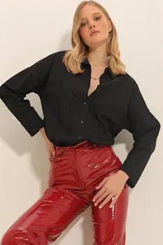 Женская черная рубашка оверсайз со шнуровкой ALC-X11299 Trend Alaat Stili, черный