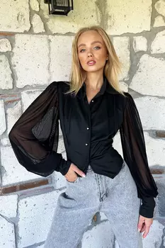 Женская черная рубашка принцессы с тюлевыми рукавами и металлическими пуговицами Trend Alaat Stili, черный