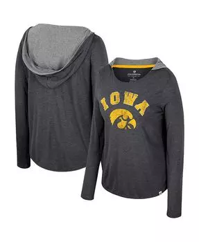 Женская черная рваная футболка с капюшоном с длинными рукавами Iowa Hawkeyes Heather Colosseum, черный