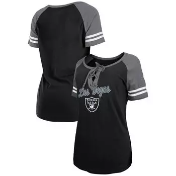 Женская черная/серебристая футболка реглан на шнуровке с логотипом New Era Las Vegas Raiders New Era