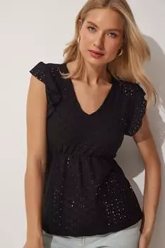 Женская черная слегка прозрачная трикотажная блузка с воланом Happiness stanbul, черный