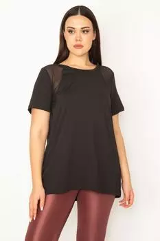 Женская черная спортивная блузка больших размеров с тюлевой деталью на плечах ans, черный