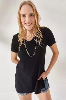 Женская черная текстурированная футболка с v-образным вырезом и разрезами по бокам Olalook, черный