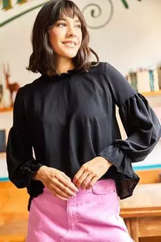 Женская черная тканая блузка оверсайз с воротником с рюшами Olalook, черный