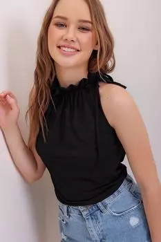 Женская черная тканая блузка премиум-класса без рукавов со сборками Trend Alaat Stili, черный