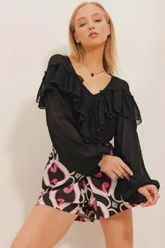 Женская черная тканая блузка с v-образным вырезом и воланами Trend Alaat Stili, черный