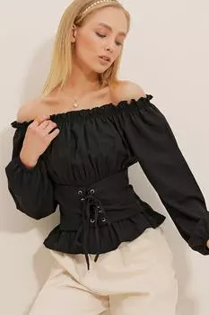 Женская черная тканая блузка с воротником Мадонны и поясом на шнуровке, детальная тканая блузка ALC-X9919 Trend Alaat Stili, черный