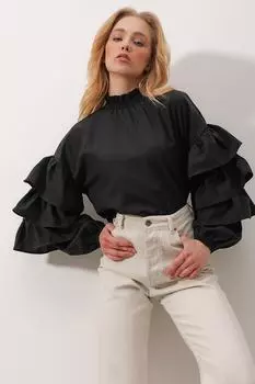 Женская черная тканая блузка с воротником-водолазкой и воланами ALC-X9762 Trend Alaat Stili, черный
