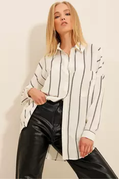 Женская черная тканая рубашка в полоску с одним карманом ALC-X11278 Trend Alaat Stili, черный