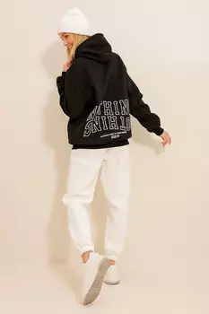 Женская черная толстовка с капюшоном и принтом из трех ниток Trend Alaat Stili, черный