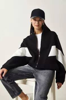 Женская черная толстовка с лентой на молнии и цветными блоками Happiness stanbul, черный