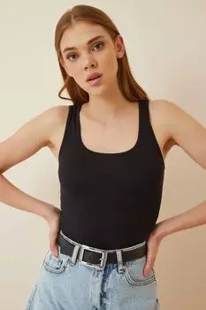 Женская черная трикотажная блузка на толстых бретелях Happiness stanbul, черный