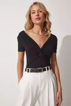 Женская черная трикотажная блузка песочного цвета с глубоким v-образным вырезом Happiness stanbul, черный