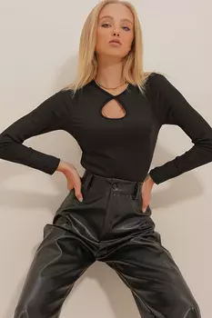 Женская черная трикотажная блузка с круглым вырезом и детальной отделкой Trend Alaat Stili, черный