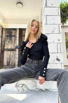 Женская черная трикотажная блузка с круглым вырезом и рукавами принцессы на пуговицах Trend Alaat Stili, черный