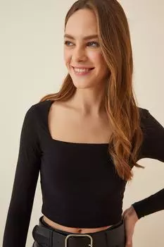 Женская черная трикотажная блузка с квадратным вырезом Happiness stanbul, черный