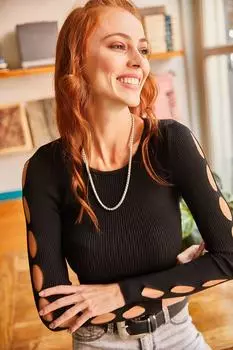 Женская черная трикотажная блузка с лазерной резкой и рукавами Olalook, черный