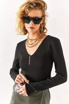 Женская черная трикотажная блузка с v-образным вырезом и камнями Olalook, черный