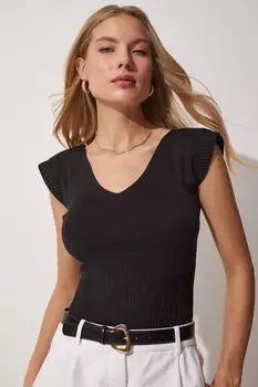 Женская черная трикотажная блузка с v-образным вырезом Happiness stanbul, черный